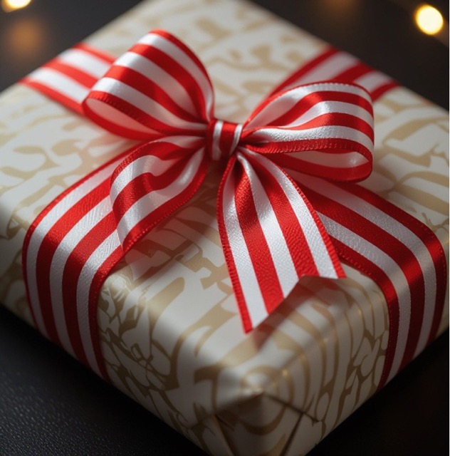 Geschenk mit weiß-rot gestreifter Schleife